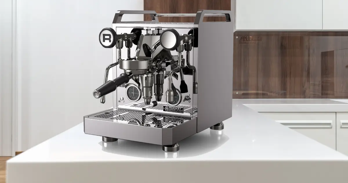 Rocket Mozzafiato Review (2026): Worth Buying?☕ 2 Rocket Mozzafiato espresso machine on a modern kitchen countertop with E61 group head and steam wand