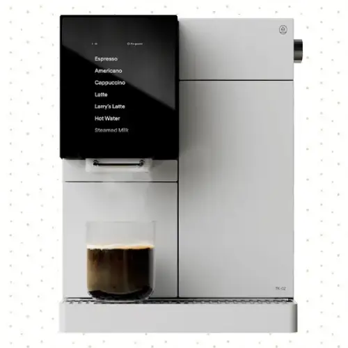 Side View of Terra Kaffe Super Automatic Espresso Machine Side view of the Terra Kaffe Super Automatic Espresso Machine showing its sleek design, bean hopper, and touchscreen interface.