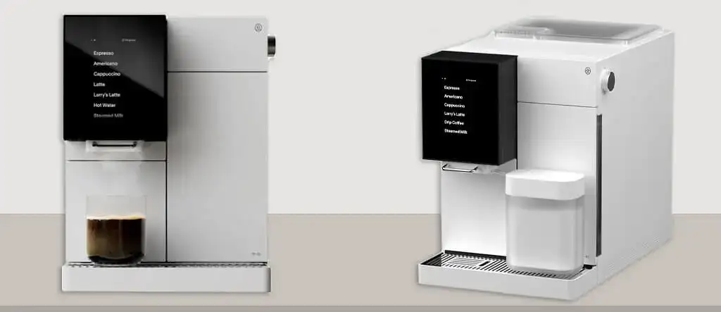 Front and side views of the Terra Kaffe Super Automatic Espresso Machine showcasing its sleek design, intuitive touchscreen, bean hopper, and compact build.