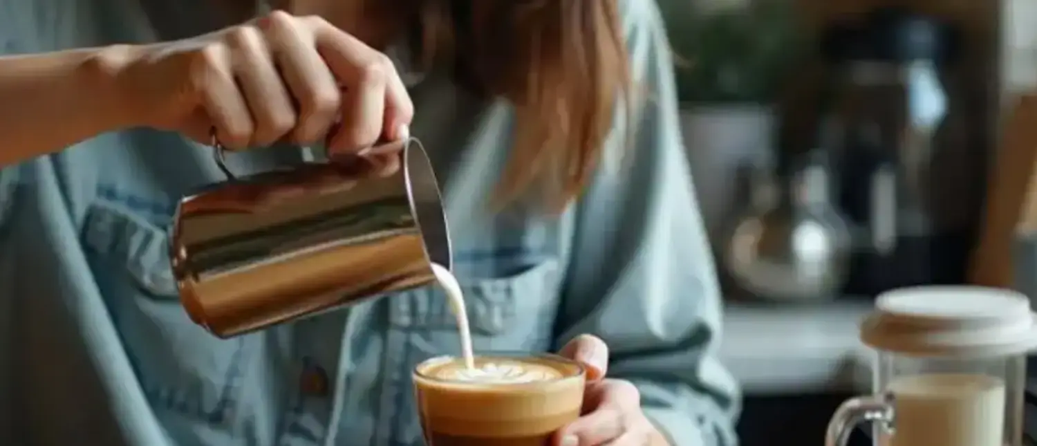 What Is a Latte? Complete Beginner's Guide (2026) 2 What is a latte - A lady pouring milk into a cup of latte, creating a creamy and smooth texture