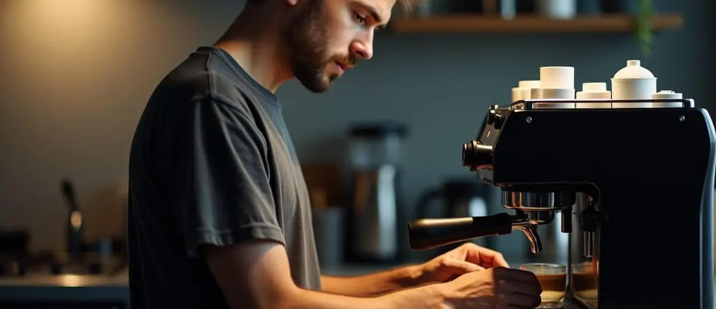 A barista pulling a shot of espresso from a professional espresso machine, with rich crema forming in the cup.