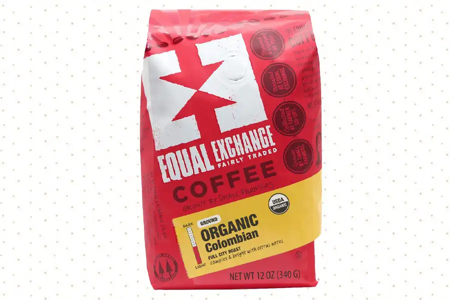 Equal Exchange Organic Ground Coffee, Colombian bag, featuring ethically sourced, fair trade, and single origin coffee with rich, smooth flavors.