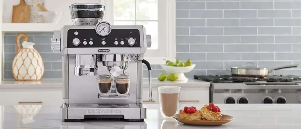 De'Longhi La Specialista Prestigio Review (2026) 50 Front view of the De'Longhi La Specialista Prestigio espresso machine, showcasing its built-in grinder, tamping station, and steam wand
