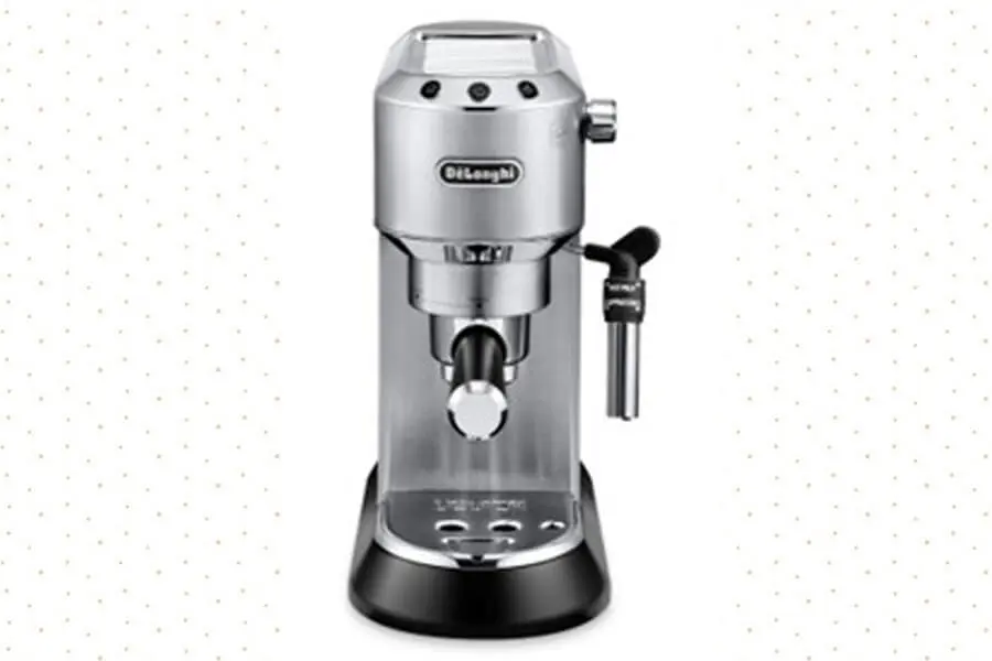 De'Longhi Dedica Style EC685 espresso machine in stainless steel with a sleek, narrow design, ideal for small kitchens