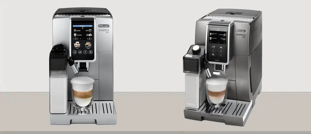 Front and side view of the De'Longhi Dinamica Plus Espresso & Coffee Machine, showcasing its touchscreen display and built-in milk frother.