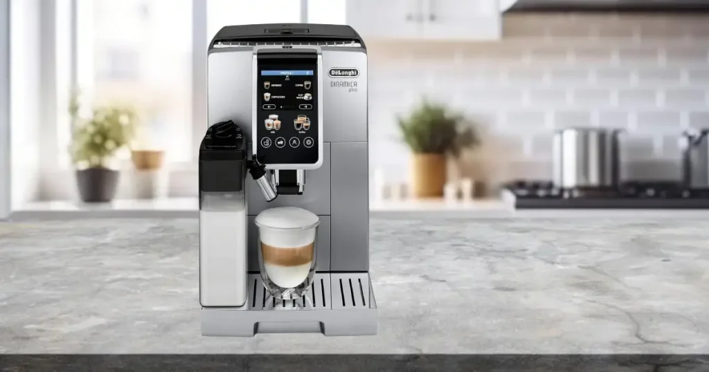 De'Longhi Dinamica Review: A Smart Upgrade for Home Coffee Lovers ☕✨ 53 De’Longhi Dinamica Plus espresso machine with digital display, milk frother, and sleek black and silver design.