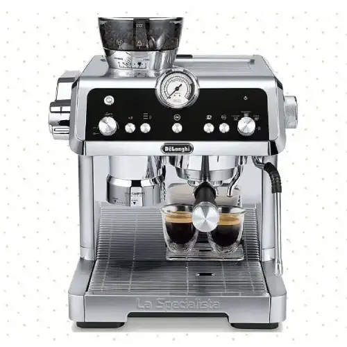 De'Longhi La Specialista Prestigio Espresso Machine De'Longhi La Specialista Prestigio espresso machine with built-in grinder and stainless steel finish.