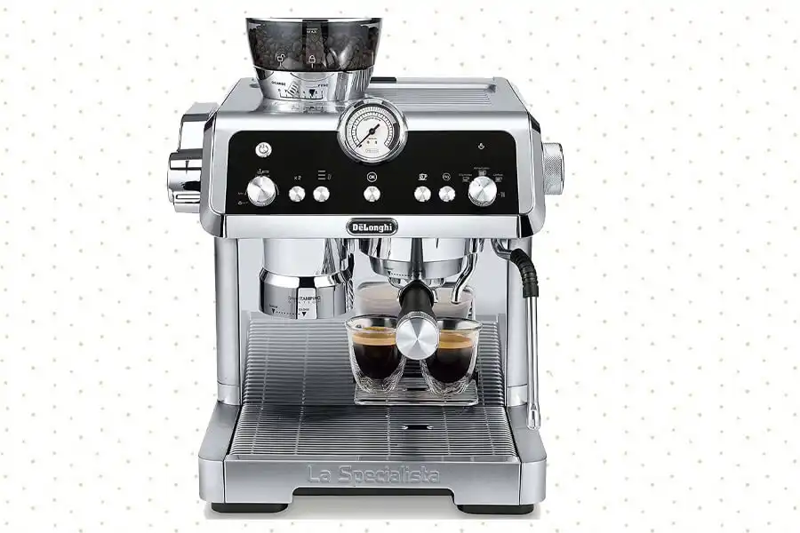 De'Longhi La Specialista Prestigio semi-automatic espresso machine with built-in grinder and steam wand.