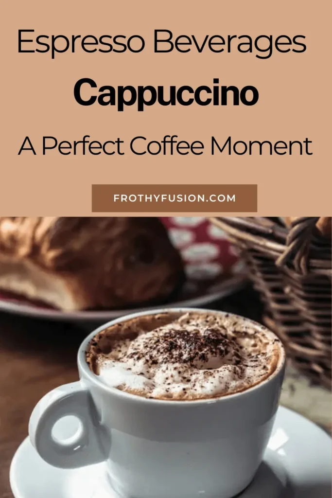 Pinterest Pin featuring the title 'Espresso Beverages - Cappuccino' with an inviting coffee-themed design.