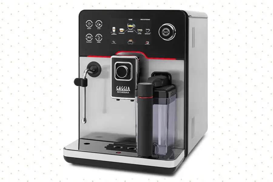 A sleek Gaggia Accademia fully automatic espresso machine with a stainless steel body, digital display, and built-in milk frother.