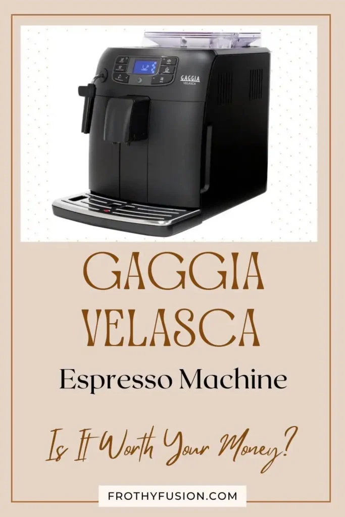 A Pinterest pin featuring the Gaggia Velasca Espresso Machine with a front and side view, along with the article title.