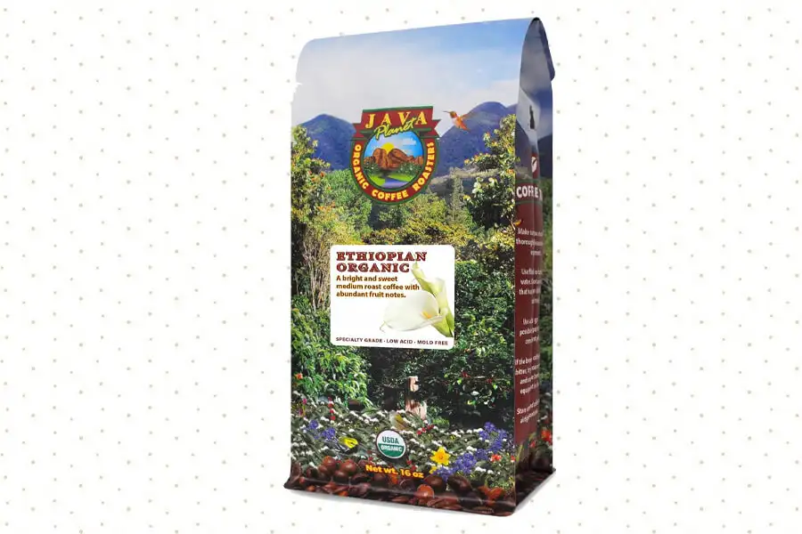 Java Planet Low Acid Coffee, Organic Ethiopia Single Origin, featuring rich, smooth flavors with a naturally low acidity.