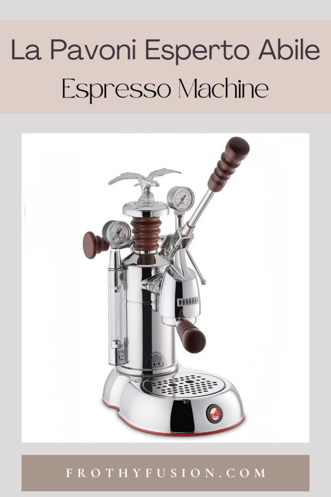 Pinterest pin featuring the La Pavoni Esperto Abile 16-Cup Lever Espresso Machine with a product image and review title, highlighting its premium design and manual lever operation.