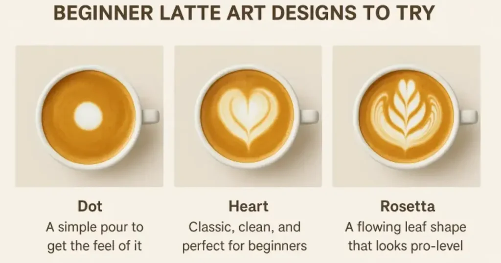 Latte Art for Beginners - Creating Café-Worthy Designs at Home 🎨 5 Infographic showing beginner latte art designs including dot, heart, and rosetta patterns