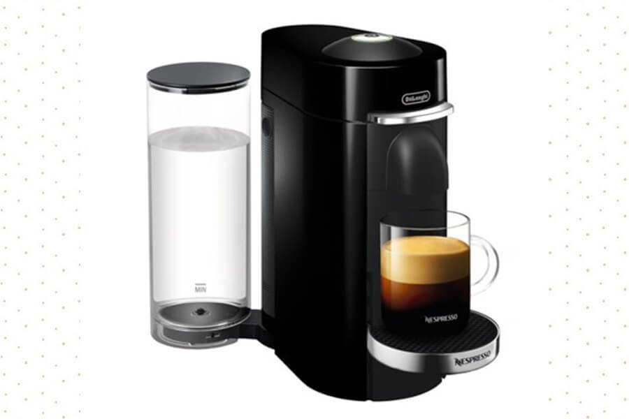 Nespresso VertuoPlus Deluxe coffee and espresso machine with a sleek design, featuring a water reservoir and a pod-based brewing system.