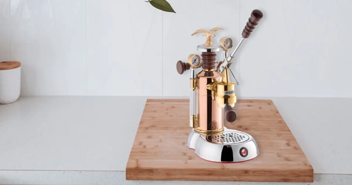La Pavoni Esperto Edotto Review ☕✨ 2 La Pavoni Esperto Edotto lever espresso machine with chrome-plated brass finish, featuring a manual lever and pressure gauge for precision espresso brewing.