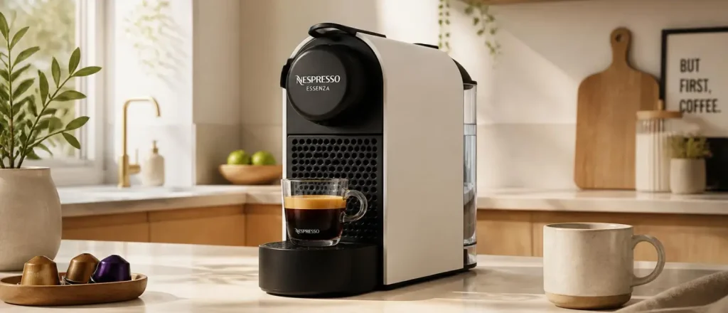 Nespresso Essenza Mini Review (2026): Is It Still Worth Buying? 48 Nespresso Essenza Original capsule espresso machine on a modern kitchen bench.