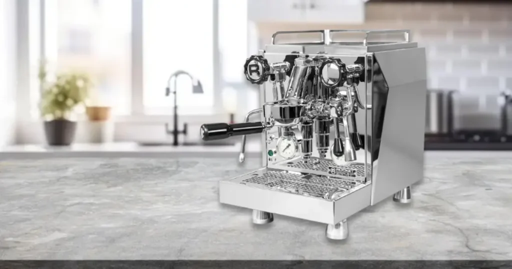 Rocket Giotto Cronometro V Review 40 Rocket Giotto Cronometro V espresso machine with polished stainless steel body, E61 group head, and steam wand for barista-style coffee at home.
