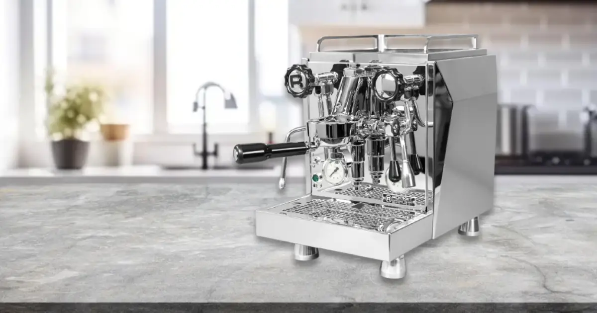 Rocket Giotto Cronometro V Review 2 Rocket Giotto Cronometro V espresso machine with polished stainless steel body, E61 group head, and steam wand for barista-style coffee at home.
