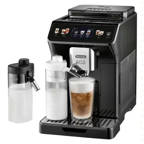 De'Longhi Eletta on Kitchen Counter – Sleek and Stylish Home Espresso Setup DeLonghi Eletta espresso machine on a modern kitchen bench with cups and coffee beans