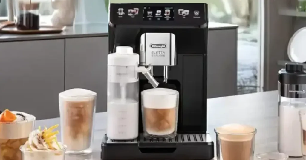 DeLonghi Eletta Review - The Bean-to-Cup Machine 34 De'Longhi Eletta espresso machine on a modern kitchen bench with cups and coffee beans