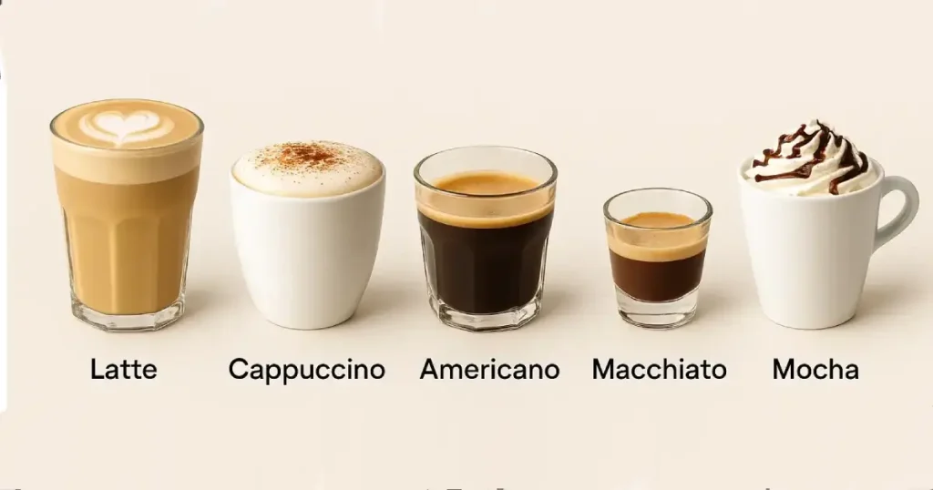 A Beginner's Guide to Making Espresso at Home 4 Five espresso drinks side by side: Latte, Cappuccino, Americano, Macchiato, and Mocha on a light background showing making espresso at home is easier than you think