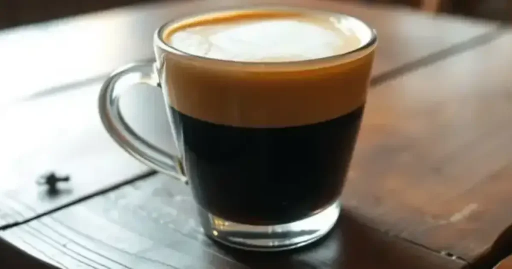 Macchiato - For Strong Coffee Lovers 32 A freshly made espresso macchiato in a clear glass cup on a wooden café table.