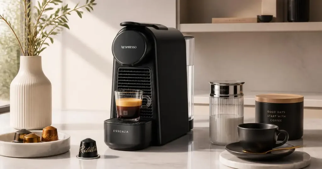 Nespresso Essenza Mini Pod Machine Nespresso Essenza Mini Pod Espresso Machine on kitchen counter brewing espresso at home