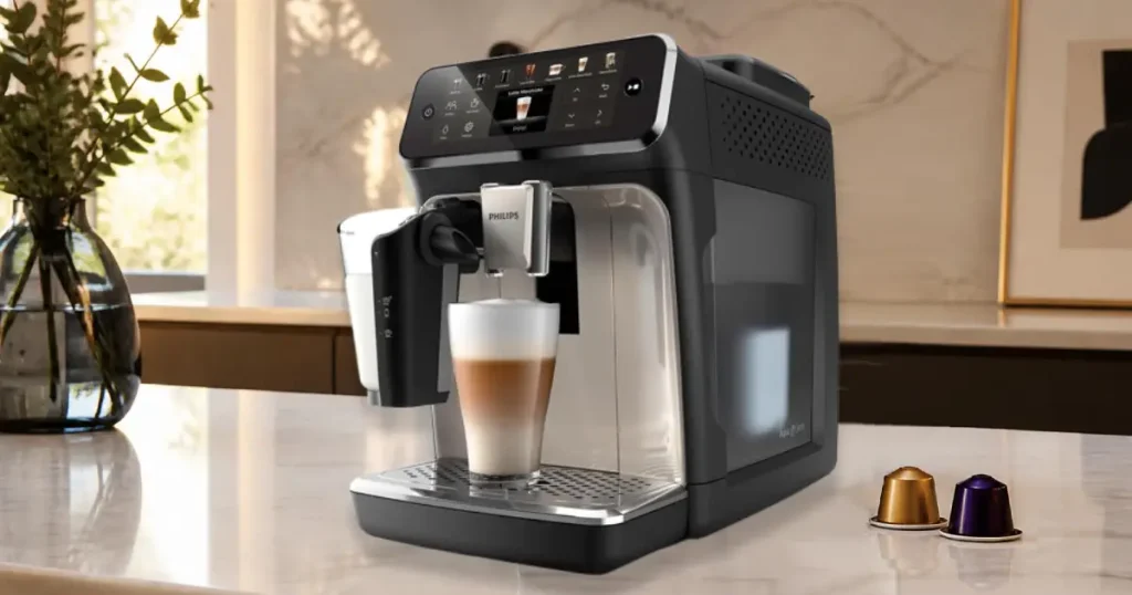 Philips 4400 Series Fully Automatic Espresso Machine Review 35 Philips 4400 Series Fully Automatic Espresso Machine with built-in grinder and milk frother on kitchen counter