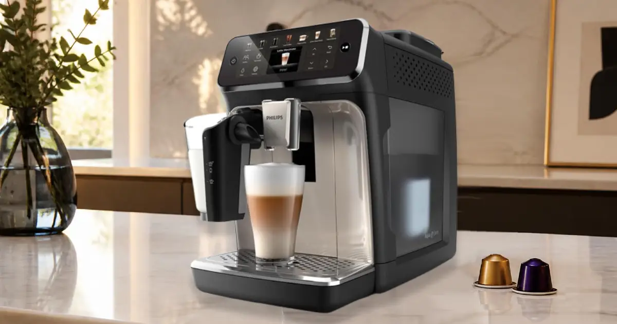 Philips 4400 Series Fully Automatic Espresso Machine Review 2 Philips 4400 Series Fully Automatic Espresso Machine with built-in grinder and milk frother on kitchen counter