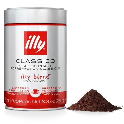 Illy Classico Ground Coffee Can Can of Illy Classico ground coffee with iconic red and silver packaging