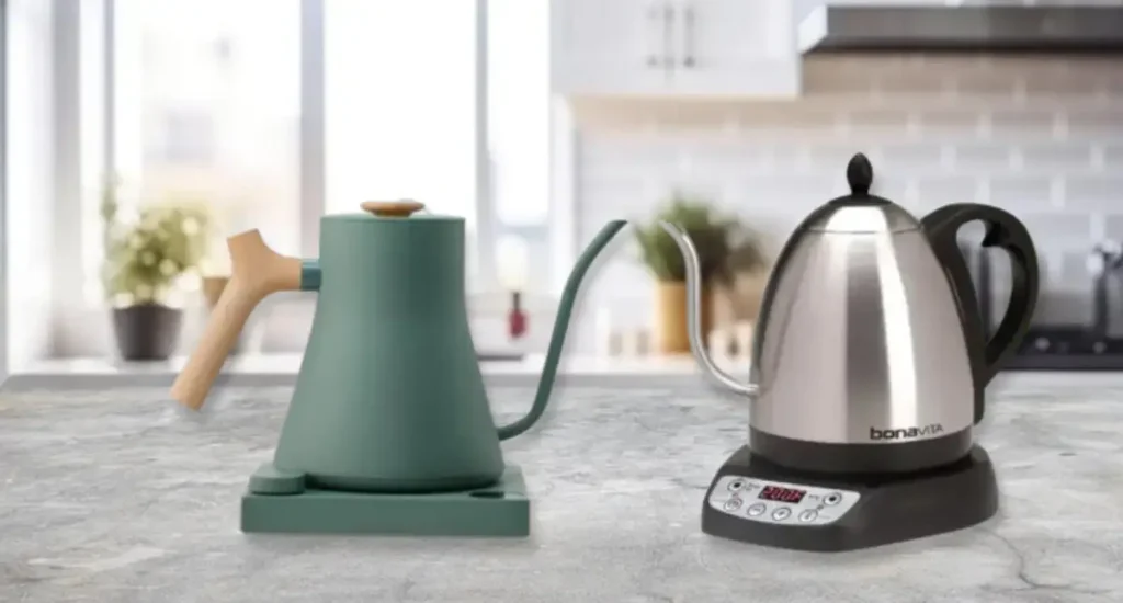 Best Gooseneck Kettles for Pour Over Control 18 Two stainless steel gooseneck kettles on a wooden bench, ideal for pour-over coffee brewing