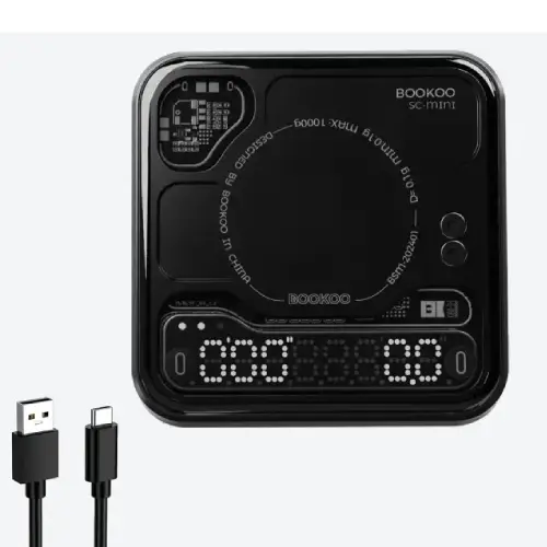 Bookoo Coffee Scale With Timer – Precise Weighing for Manual Brewing Bookoo digital coffee scale with built-in timer and backlit display on a wooden countertop