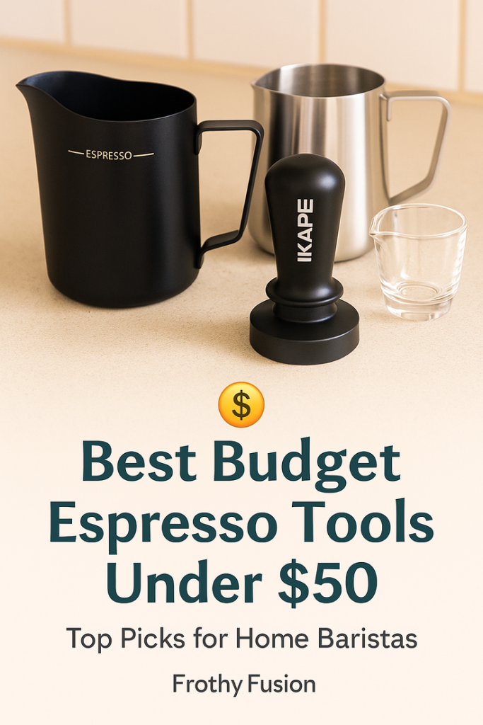 Best Budget Espresso Accessories Under $50 🧰 3 Flat lay of affordable espresso accessories under $50 including a tamper, dosing funnel, and milk frothing pitcher