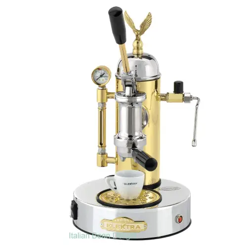 Microcasa Lever Espresso Machine – Elegant Manual Espresso Maker Microcasa Lever Espresso Machine with brass and chrome finish and classic eagle-topped dome