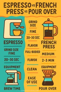 Espresso vs French Press vs Pour Over: Which Brewing Method Makes the Best Coffee? 3 Infographic comparing Espresso vs French Press vs Pour Over coffee methods by strength, flavor, brew time, ease of use, and cost.