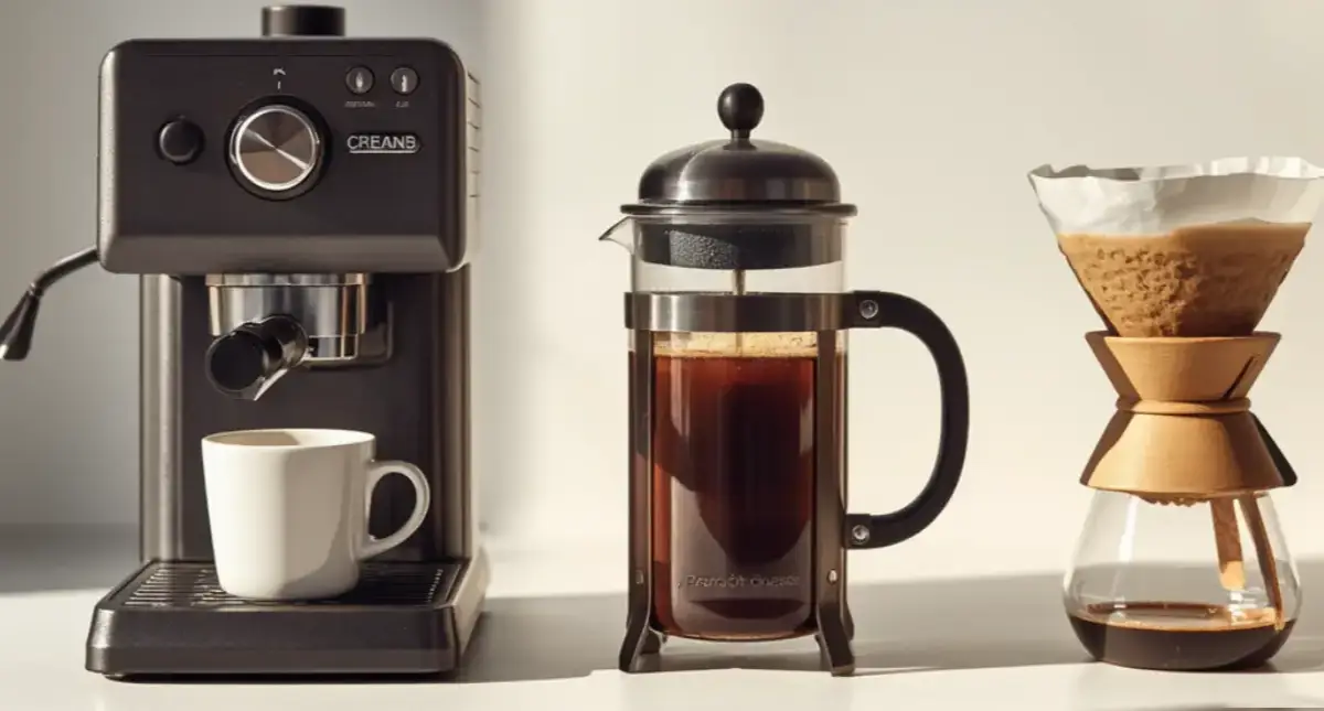 Espresso vs French Press vs Pour Over: Which Brewing Method Makes the Best Coffee? 2 Espresso machine, French press, and pour over brewer compared side by side for coffee brewing.