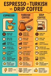 Espresso vs Turkish vs Drip Coffee: Which Is Best? 3 Infographic comparing espresso, Turkish coffee, and drip coffee including grind size, brew time, strength, flavor profile, and serving size.