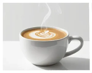 Triple Shot Flat White: Caffeine & Taste Guide 4 A flat white in a ceramic cup with microfoam and a rosetta latte art.