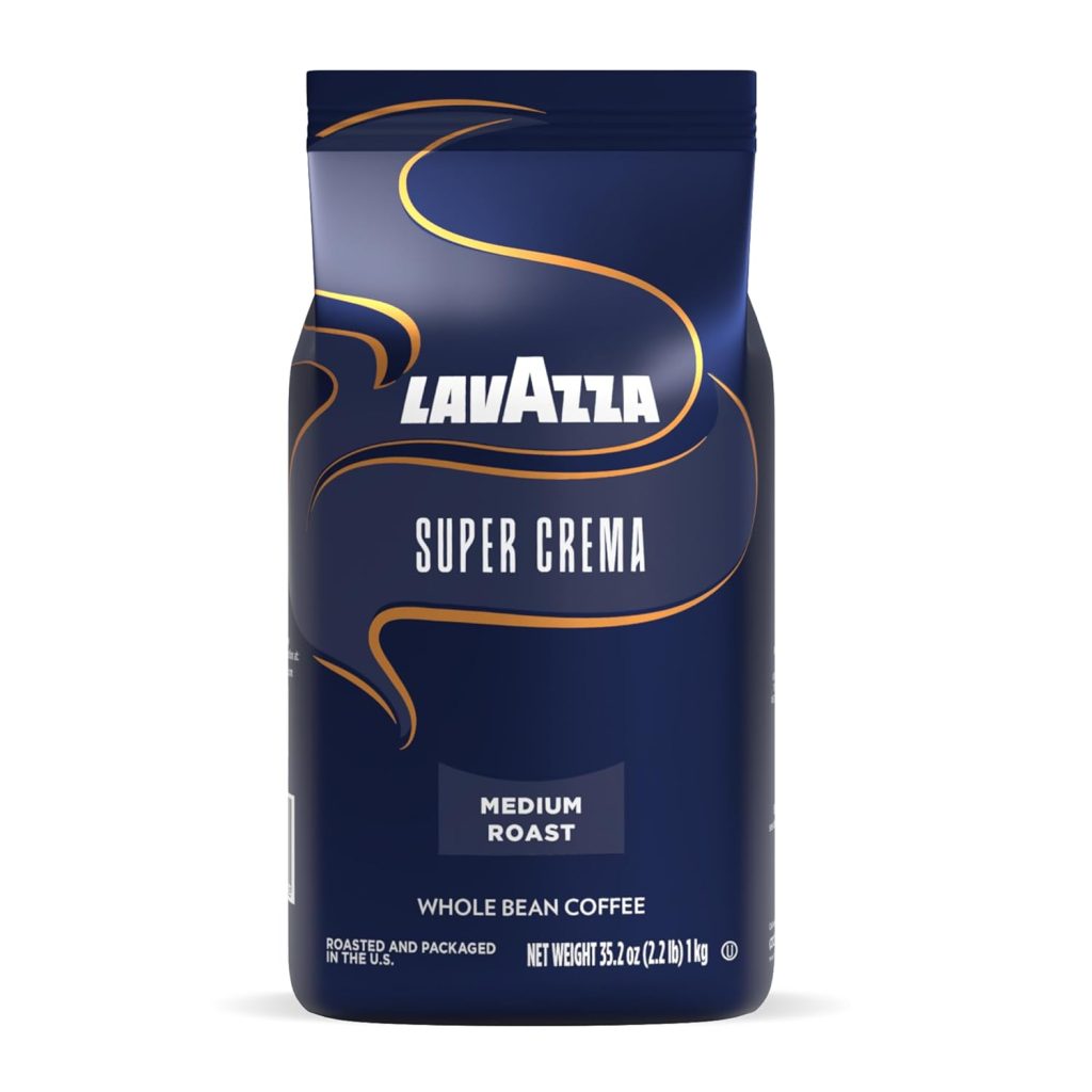 Lavazza Super Crema Whole Bean Coffee Package Package of Lavazza Super Crema whole bean coffee with cream-colored and blue design