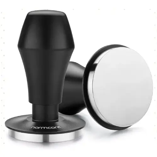 Normcore V4 Coffee Tamper β Spring-Loaded Espresso Tamper Normcore V4 spring-loaded espresso tamper with stainless steel base and black anodized aluminum handle.