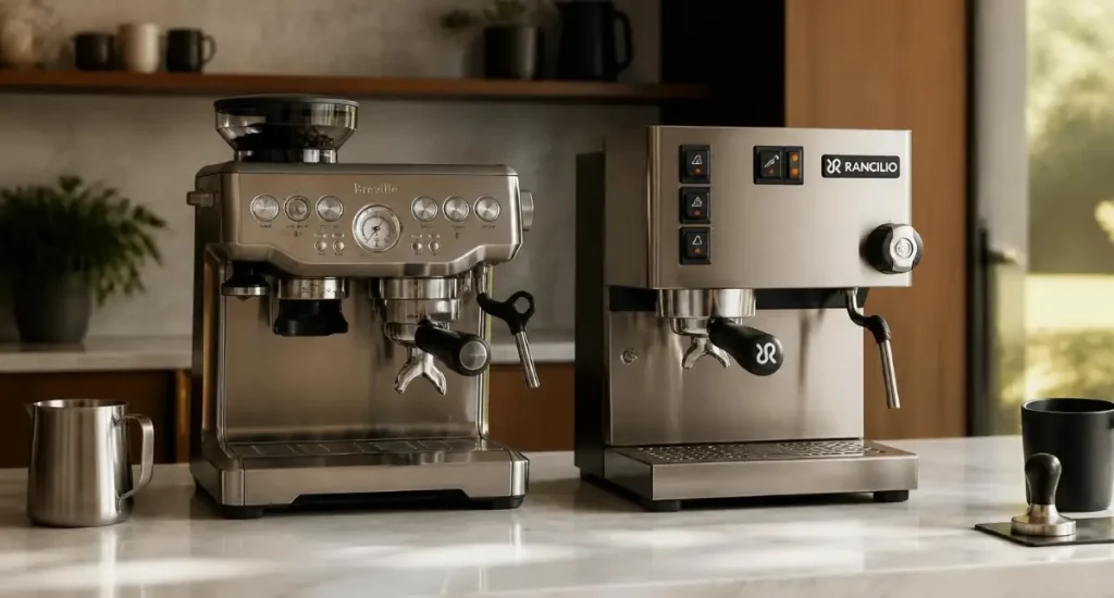 Single Boiler vs Double Boiler Espresso Machines π 3 Single Boiler vs Double Boiler Espresso Machines side by side of the Breville Barista Express and Rancilio Silvia Pro X espresso machine