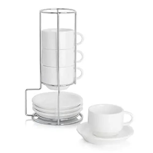 Sweese Stackable Porcelain Espresso Cups – 2.5 oz, Set of 6 with Saucers Sweese Stackable Porcelain Espresso Cups – 2.5 oz, Set of 6 with Saucers