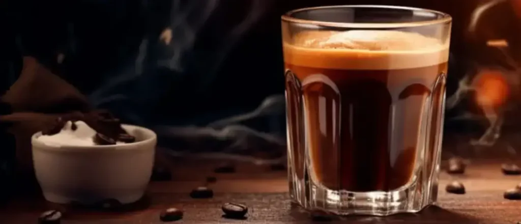 Triple Shot Espresso: Caffeine & Taste Guide 30 A freshly pulled triple espresso shot in a glass cup resting on a bench, showcasing its rich crema and deep color.