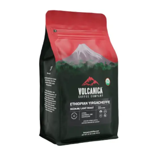Volcanica Ethiopia Yirgacheffe Whole Bean Coffee Bag of Volcanica Ethiopia Yirgacheffe whole bean coffee with vibrant packaging