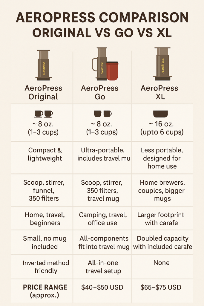 AeroPress XL Coffee Maker – Larger Capacity Brewer AeroPress XL coffee maker with carafe and brewing chamber on a kitchen counter