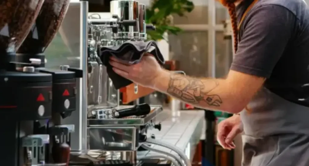 ☕ Espresso Machine Maintenance Tips for Boiler Types 3 Barista cleaning an espresso machine with a cloth at a café ensuring proper espresso machine maintenance