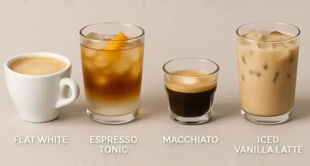 Espresso Drink Recipes to Try at Home ☕ 4 Four popular espresso drink recipes lined up side by side, showing the visual differences between espresso, flat, white, cappuccino, and latte.