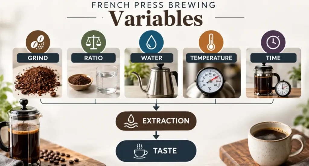 How To Brew French Press Coffee Perfectly 4 How to brew French Press coffee perfectly involves 6 variables. Grind, Ratio, Water, Temperature, Time, Extraction, and Taste