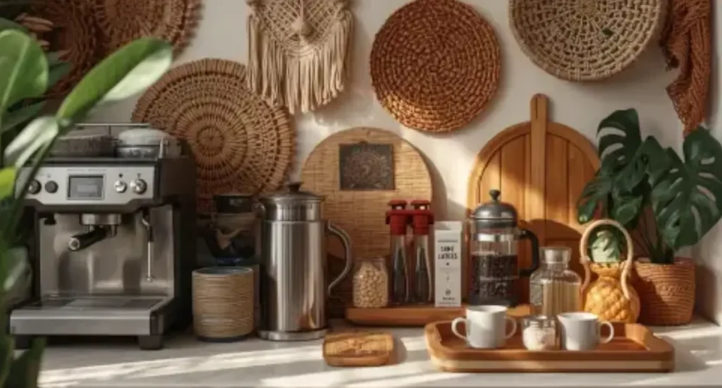 How to Set Up a Home Coffee Bar (Ideas & Gear Tips) 3 Boho-style home coffee bar featuring a placemat, espresso machine, coffee grinder, and decorative coffee tray.